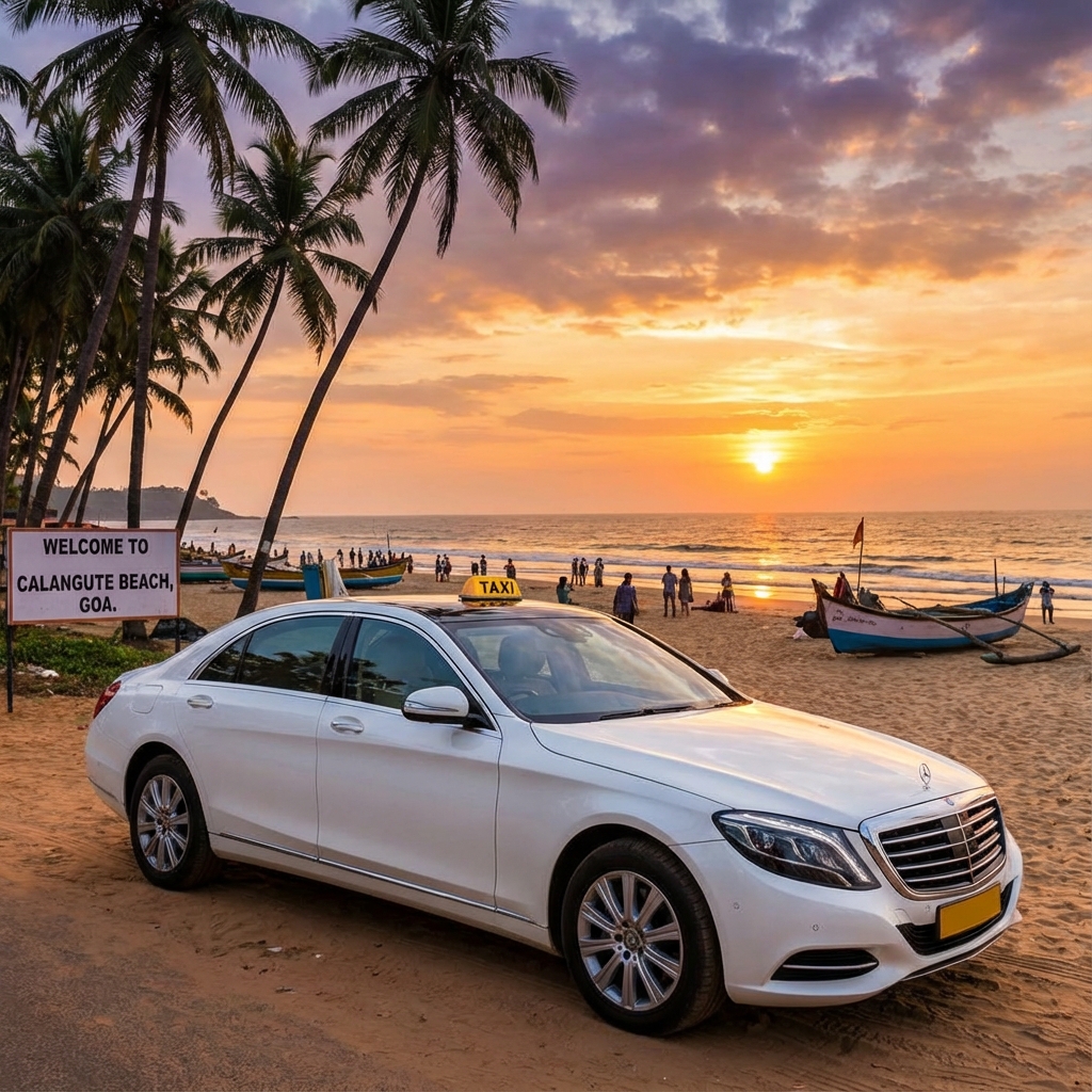 Premium taxi service at Goa beach - White sedan parked at Calangute beach with palm trees at sunset for tourist travel